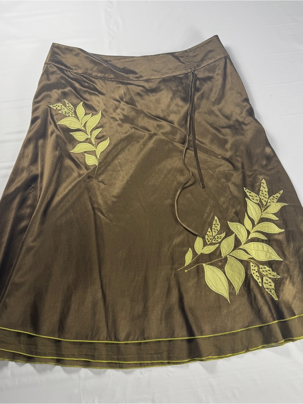 Vintage Y2K Liz Claiborne Silk Blend Skirt Womens 12 Brown Embroidered Leaf